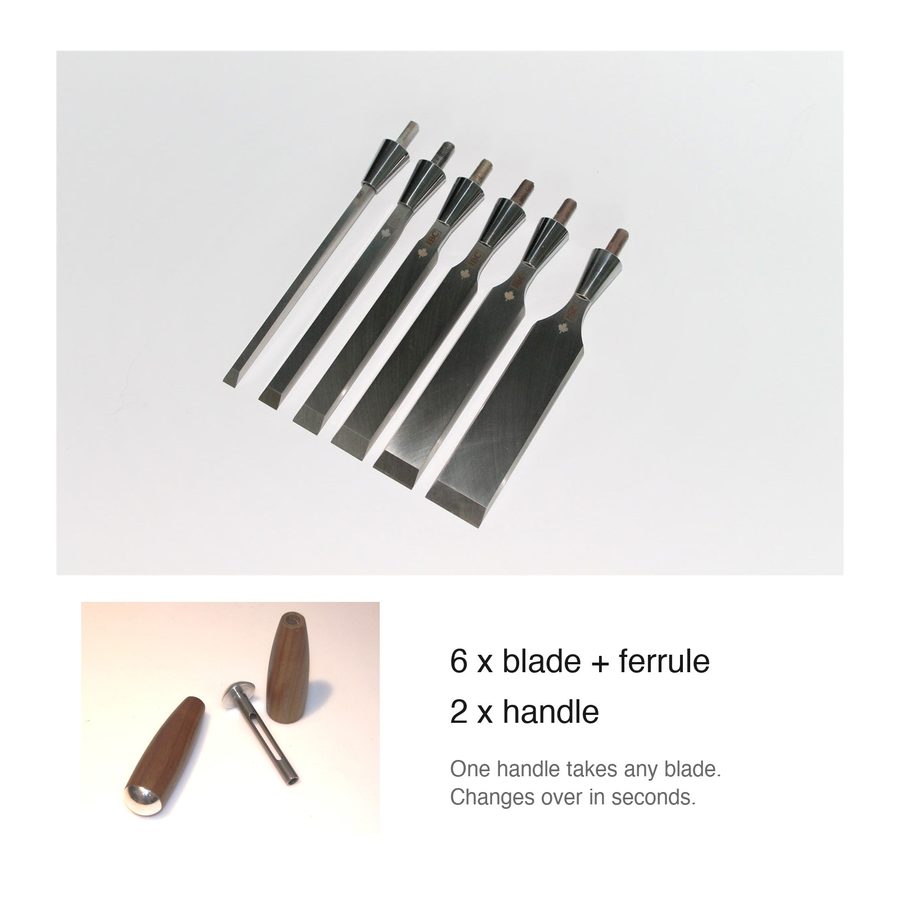 IBC 6-Piece Bench Chisel Kit — six blade and ferrule assemblies with two handles; one handle takes any blade