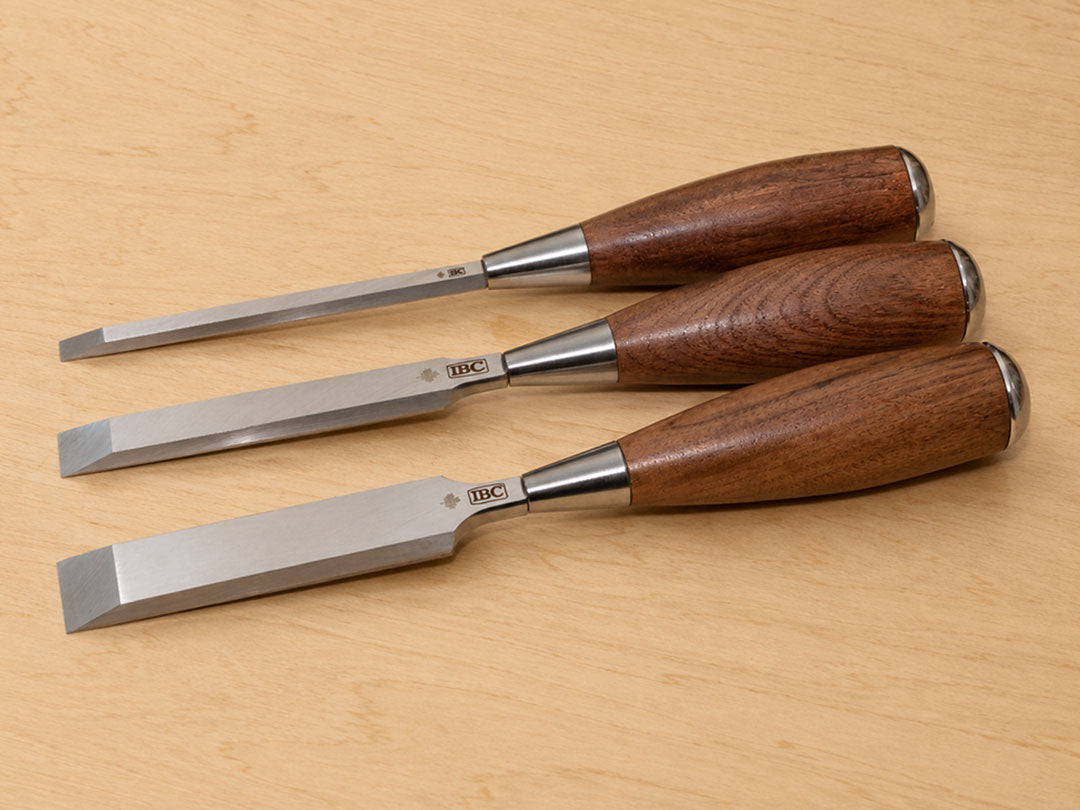 IBC 17-degree bevel bench chisel set with Walnut handle, A2 tool steel