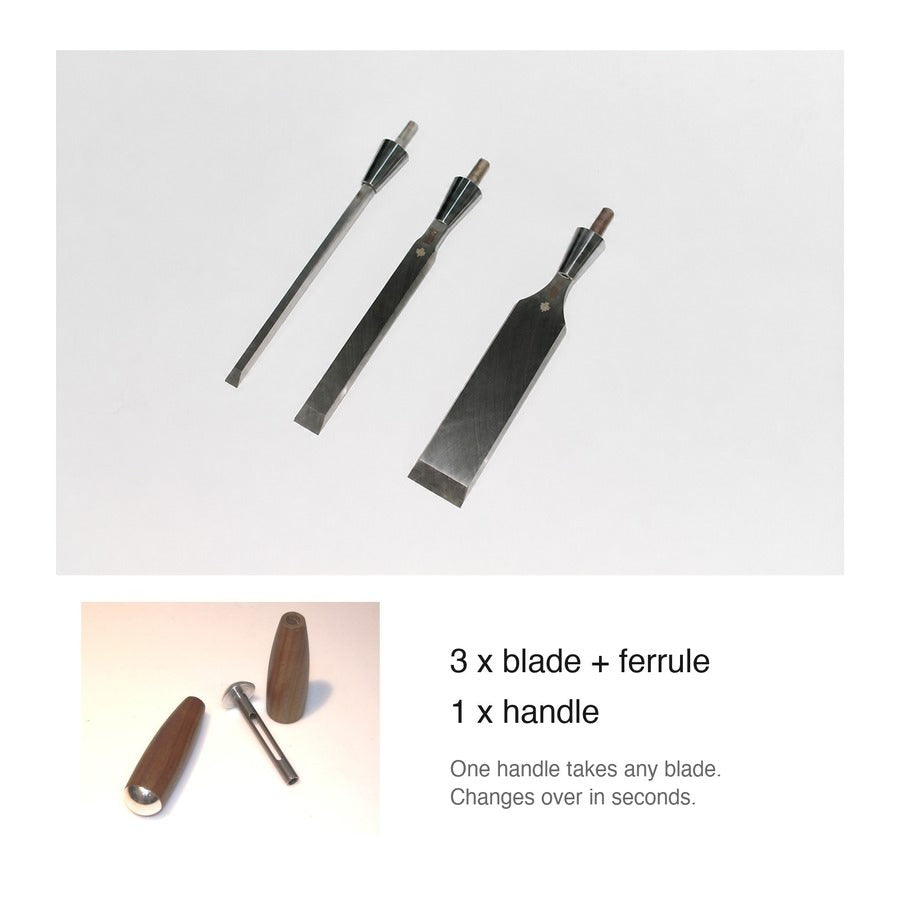 IBC 3-Piece Bench Chisel Kit — quarter, half and three-quarter inch blade and ferrule assemblies with one handle; one handle takes any blade