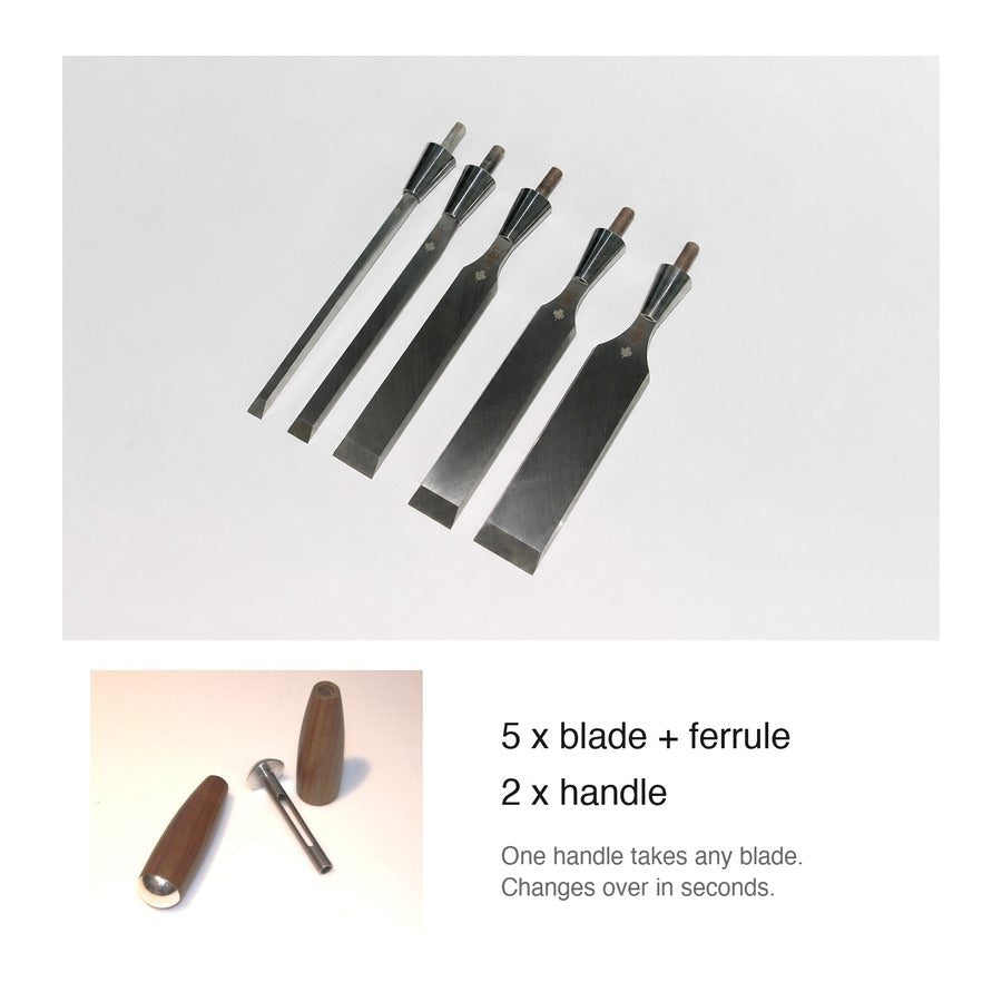 IBC 5-Piece Bench Chisel Kit — five blade and ferrule assemblies (quarter to one inch, no five-eighths) with two handles; one handle takes any blade